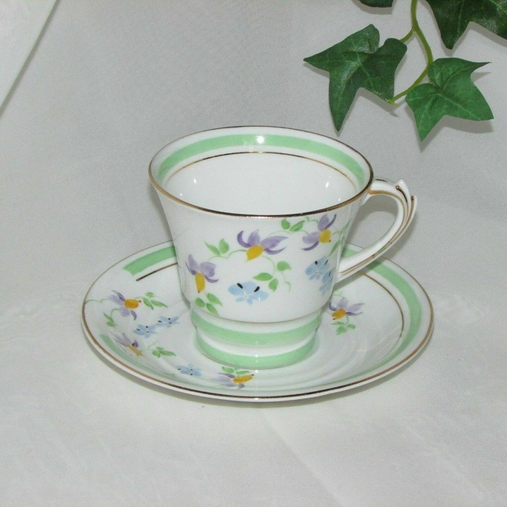 Vintage Roslyn Fine Bone China Teacup Hand Painted Flowers Green Cottagecore